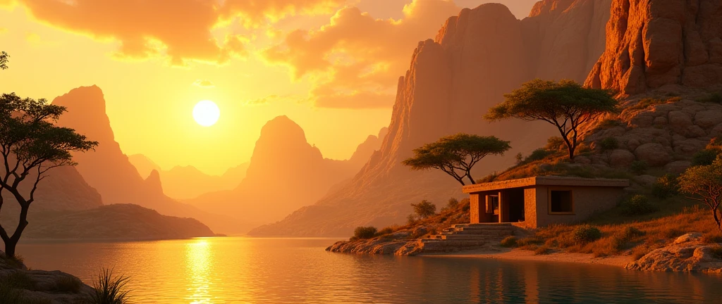 A stunning view of the African wilderness, a beautiful sunrise over a tranquil lake, a very small African hut on one side of the scene, dramatic cinematic lighting, majestic rock formations, no animals or evil, stunning view, high detail, (best quality, 4k, 8k, high definition, masterpiece: 1.2), high detail, (realistic, realistic, photorealistic: 1.37), dramatic lighting, cinematic composition Pixar style close to cartoon, the land area is larger than the lake Trees and rocks Attention to precise theatrical perspective High quality on the scale of theatrical design Clear details Greek character dominates the setting, D&D game. Animation style
Send feedback
Side panels
History
Saved