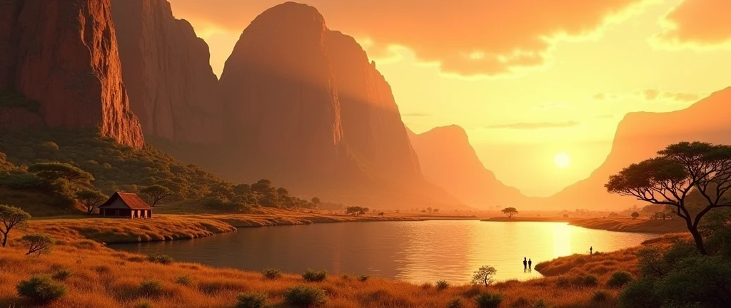 A stunning view of the African wilderness, a beautiful sunrise over a tranquil lake, a very small African hut on one side of the scene, dramatic cinematic lighting, majestic rock formations, no animals or evil, stunning view, high detail, (best quality, 4k, 8k, high definition, masterpiece: 1.2), high detail, (realistic, realistic, photorealistic: 1.37), dramatic lighting, cinematic composition Pixar style close to cartoon, the land area is larger than the lake Trees and rocks Attention to precise theatrical perspective High quality on the scale of theatrical design Clear details Greek character dominates the setting, D&D game. Animation style
Send feedback
Side panels
History
Saved