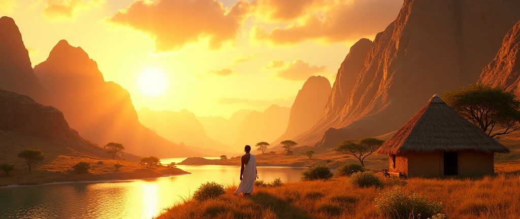 A stunning view of the African wilderness, a beautiful sunrise over a tranquil lake, a very small African hut on one side of the scene, dramatic cinematic lighting, majestic rock formations, no animals or evil, stunning view, high detail, (best quality, 4k, 8k, high definition, masterpiece: 1.2), high detail, (realistic, realistic, photorealistic: 1.37), dramatic lighting, cinematic composition Pixar style close to cartoon, the land area is larger than the lake Trees and rocks Attention to precise theatrical perspective High quality on the scale of theatrical design Clear details Greek character dominates the setting, D&D game. Animation style
Send feedback
Side panels
History
Saved