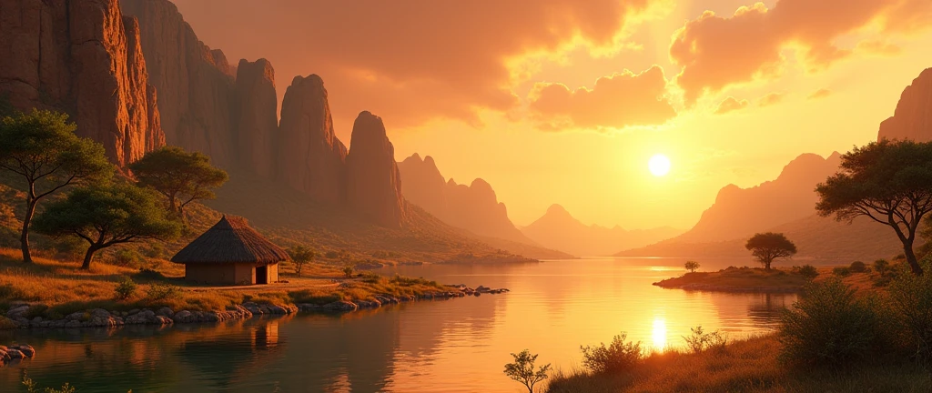 A stunning view of the African wilderness, a beautiful sunrise over a tranquil lake, a very small African hut on one side of the scene, dramatic cinematic lighting, majestic rock formations, no animals or evil, stunning view, high detail, (best quality, 4k, 8k, high definition, masterpiece: 1.2), high detail, (realistic, realistic, photorealistic: 1.37), dramatic lighting, cinematic composition Pixar style close to cartoon, the land area is larger than the lake Trees and rocks Attention to precise theatrical perspective High quality on the scale of theatrical design Clear details Greek character dominates the setting, D&D game. Animation style
Send feedback
Side panels
History
Saved