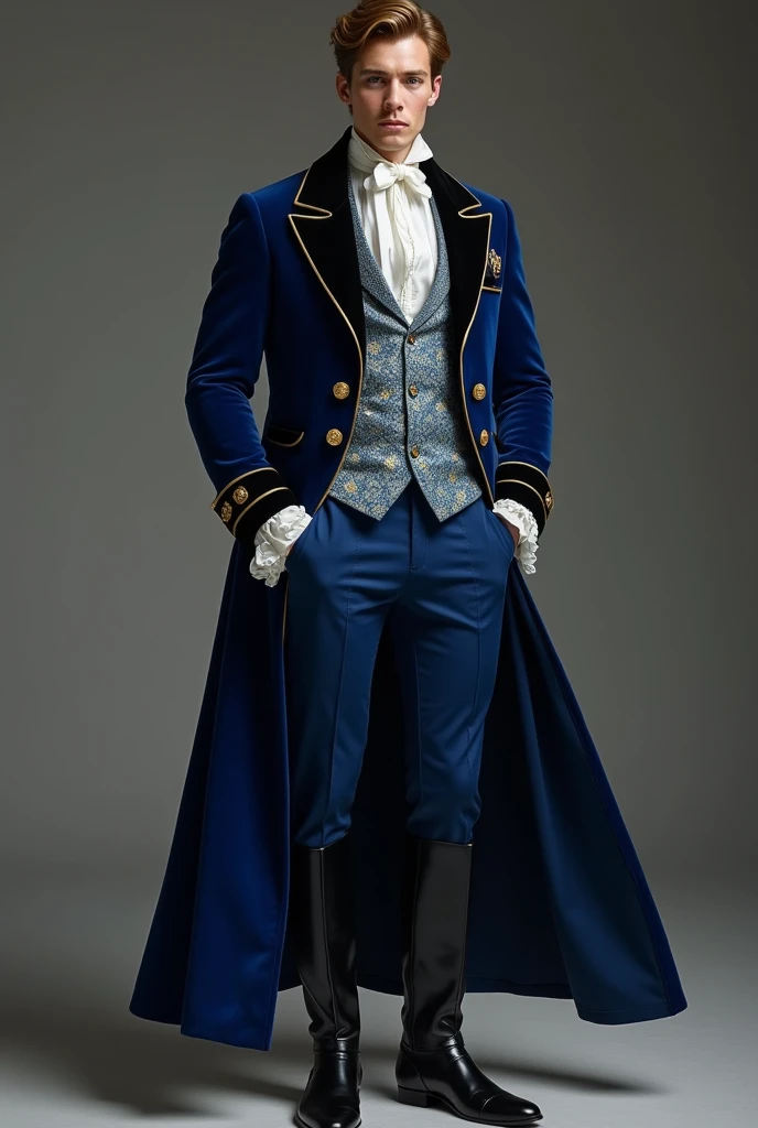 A handsome 30-year-old prince with blue eyes, light brown hair with blond tones and very white skin., perfectly athletic body, He wears a royal blue velvet Victorian suit with black satin lapels and gold buttons.. He wears a light blue vest with a brocade pattern, a white linen shirt and a dark blue silk tie. Her tight pants match with black leather boots, displaying a regal and elegant bearing.