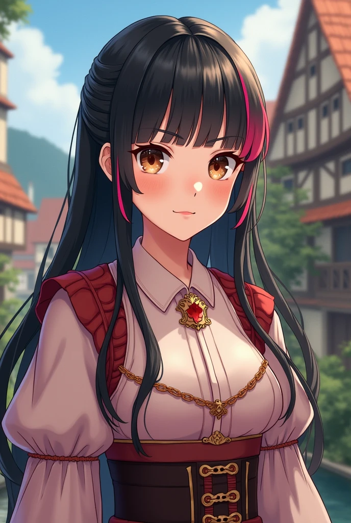Young woman of 2. Straight black hair with 3 pink strands. Brown eyes. smiling. Medieval clothing. shirt footprint. anime "Nanatzu's Taizai"