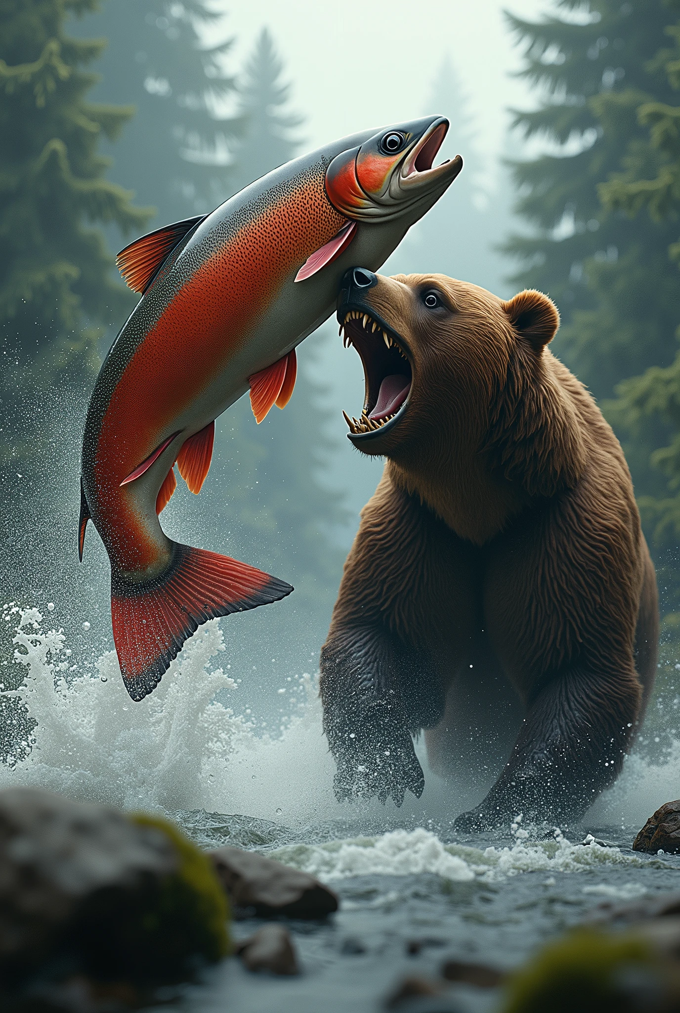 1A salmon is being chased by a brown bear。, break , The salmon is biting a wooden carved statue of another brown bear in its mouth.