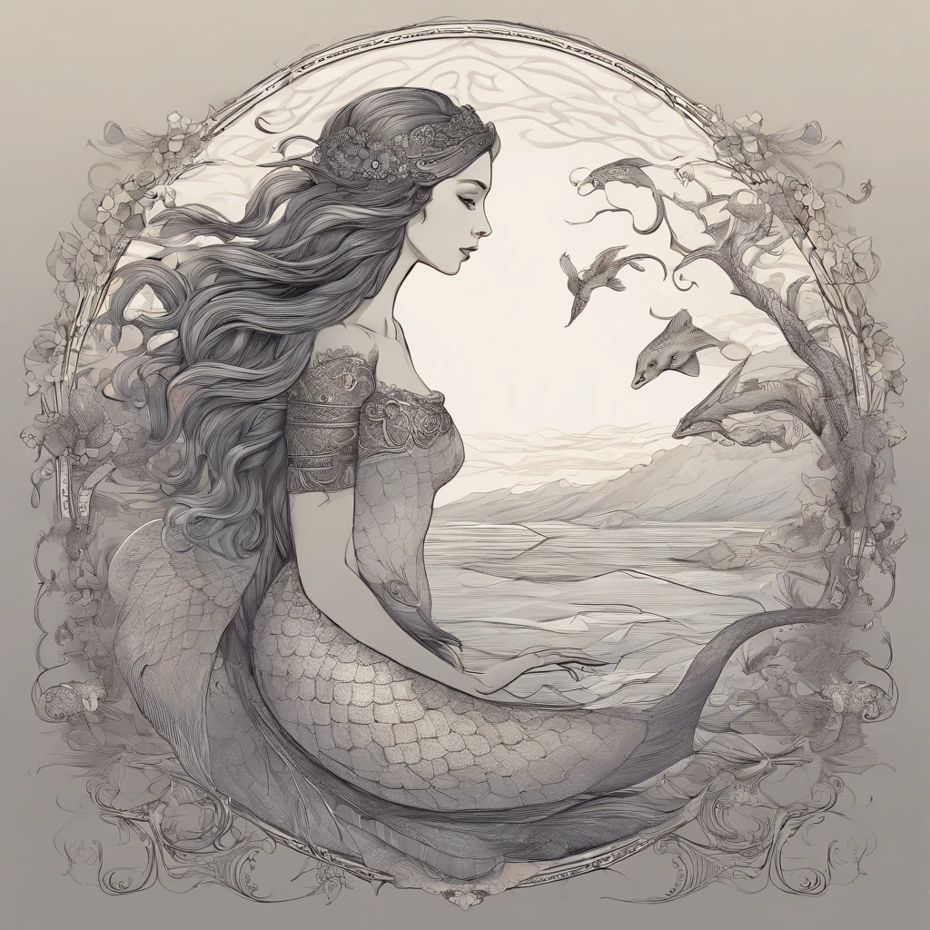 A beautiful mythological mermaid, gray scaly fish tail, webbed hands, black ink drawing, ancient writing, mythological study, old sketchbook, detailed illustration, intricate patterns, dramatic lighting, moody atmosphere, dramatic poses, digital art, master study