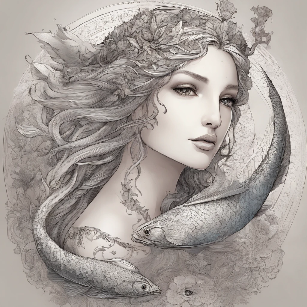 A beautiful mythological mermaid, gray scaly fish tail, webbed hands, black ink drawing, ancient writing, mythological study, old sketchbook, detailed illustration, intricate patterns, dramatic lighting, moody atmosphere, dramatic poses, digital art, master study