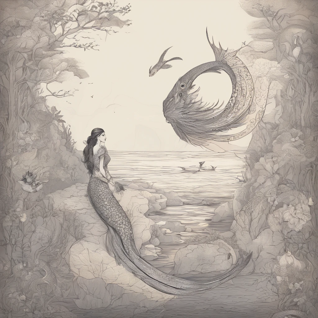 A beautiful mythological mermaid, gray scaly fish tail, webbed hands, black ink drawing, ancient writing, mythological study, old sketchbook, detailed illustration, intricate patterns, dramatic lighting, moody atmosphere, dramatic poses, digital art, master study
