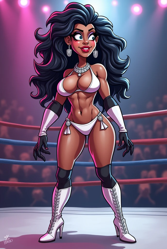 Female cartoon mandrill dressed like WWE wrestler Charlotte Flair
cartoon mandrill head. Cartoon mandrill hands. Cartoon mandrill body. Cartoon mandrill arms. Cartoon mandrill legs.
Frizzy Black hair. Feminine. Muscular.
White bikini. White chaps. White arm sleeves. Silver eyeshadow. Red lips. Diamond earrings . White bodice. Diamond bib necklace. White high heels.