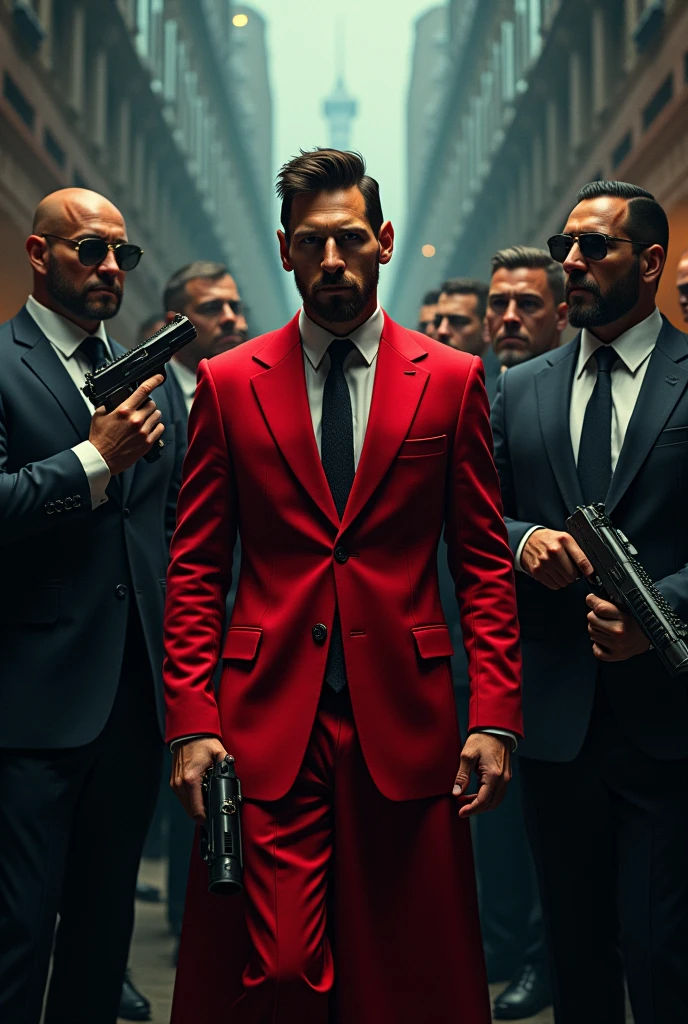 Messi is a gangster with many people and many guns in their hand wearing red dress
