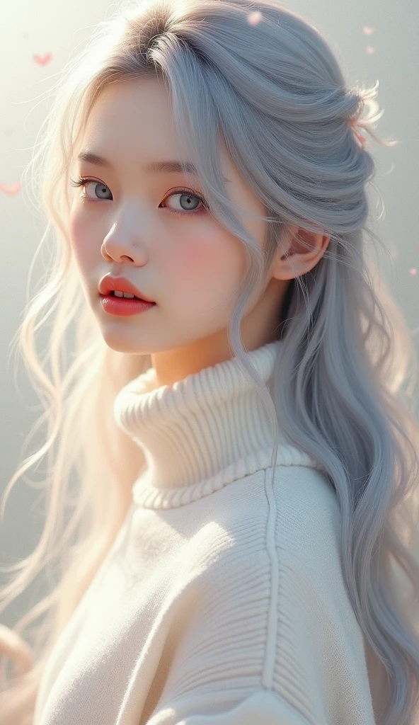 there is a woman with long hair and a white sweater, a pastel by Lü Ji, trending on cg society, rococo, girl Chinese fashion silver hair, ulzzang, long white hair and bangs