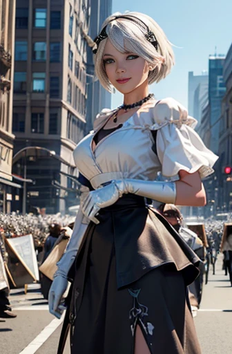 8k, ultra realistic, masterpiece, best quality, ultra detailed, beautiful face, beautiful skin, photorealistic, (professional lighting:1.2), nier_automata, 2B, light smile, pearl necklace, looking at viewer, cowboy shot, focus on face, ultra sharp, on street in business district, ultra detailed photo background, (((with the crowd)))