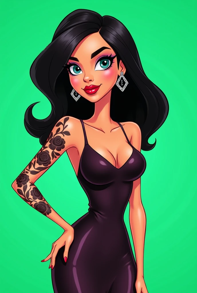 A bratz-like animation of a girl with medium black hair, White-skinned with a dot piercing on her left side nose with large studs in her ears posing in evening wear with a tattoo with many black roses on her right arm on a completely green background 