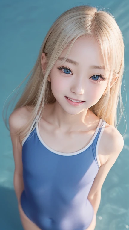 ((sfw:1.5)),((sfw:1.5)),((sfw:1.5)),((sfw:1.5)),((from above:1.5)),((Upper Body:1.5)) Korean Asian r Photos、((Beautiful and cute idol girl:1.5))、Platinum Blonde Hair、11yo,((rrow small eyes:1.2))、Thin face、Thin neck、((Slim body)),((skinny):1.5),((Flat chest:1.5)),((clavicle)),((Narrow eyes：1.5))、(Thin arms)、(Thin neck)、（Thin lips）、A small smile、Thin arms、(Dark blue school swimsuit:1.5）,((beautifulr detail eye:1.5)),((littlesmile)),((Awaken to love：1.3))、nomake,(A happy and joyful expression)、