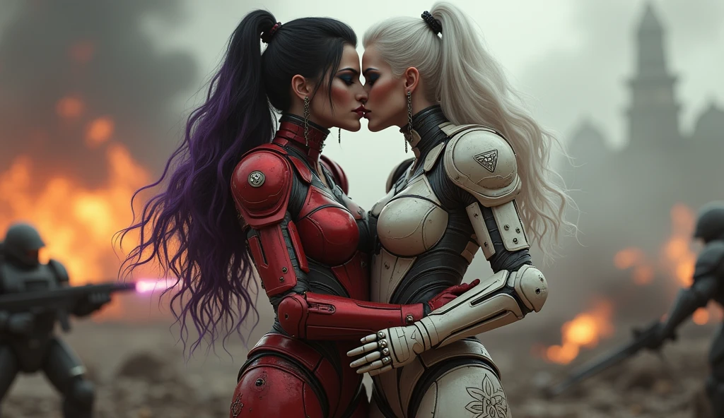 Full body pose sexy sisters of battle from the warhammer 40k, kissing and hugging, red space marine armor with intricate details, white space marine armor with intricate details, symbols on the armor, sisters of battle, warhammer 40k, Massive exposed silicone breast, pale skin, seductive, temptation, eat your soul, clevage, long white flowing hair, long black flowing hair with purple highlights, heavy gothic makeup, at night, neon, beautiful detailed eyes, beautiful detailed lips, extremely detailed eyes and face, long eyelashes, highly detailed space marine armor, intricate futuristic laser weaponry, dramatic lighting, cinematic composition, muted color palette, gritty and realistic, mecha, science fiction, hyper-detailed, photorealistic, award winning digital art, 8k, HDR, masters work, in the middle of a battle field, explosions and fire around, full war, stunning, Stilleto heels, high heels, full body pose, cinematic, movie trailer, nemesis, dust and debree, fanatic, religious, sisters of battle, warhammer 40k, bimbo gigantic exposed breast, kissing, stilleto heels, cinematic light, cameltoe pussy, beautiful pussy, wet pussy, wet body, oiled body, gigantic breast, dynamic super sexy dynamic pose, sisters of battle from the warhammer 40K, passionate kissing, seductive, one night stand, working as whores, award winning photo, worthy of oscars scene, spread legs, beautiful pussy, shaved pussy, exposed breast, wet pussy, passionate kiss