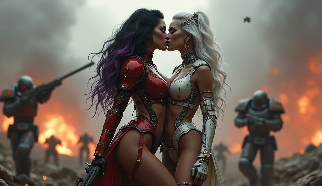Full body pose sexy sisters of battle from the warhammer 40k, kissing and hugging, red space marine armor with intricate details, white space marine armor with intricate details, symbols on the armor, sisters of battle, warhammer 40k, Massive exposed silicone breast, pale skin, seductive, temptation, eat your soul, clevage, long white flowing hair, long black flowing hair with purple highlights, heavy gothic makeup, at night, neon, beautiful detailed eyes, beautiful detailed lips, extremely detailed eyes and face, long eyelashes, highly detailed space marine armor, intricate futuristic laser weaponry, dramatic lighting, cinematic composition, muted color palette, gritty and realistic, mecha, science fiction, hyper-detailed, photorealistic, award winning digital art, 8k, HDR, masters work, in the middle of a battle field, explosions and fire around, full war, stunning, Stilleto heels, high heels, full body pose, cinematic, movie trailer, nemesis, dust and debree, fanatic, religious, sisters of battle, warhammer 40k, bimbo gigantic exposed breast, kissing, stilleto heels, cinematic light, cameltoe pussy, beautiful pussy, wet pussy, wet body, oiled body, gigantic breast, dynamic super sexy dynamic pose, sisters of battle from the warhammer 40K, passionate kissing, seductive, one night stand, working as whores, award winning photo, worthy of oscars scene, spread legs, beautiful pussy, shaved pussy, exposed breast, wet pussy, passionate kiss