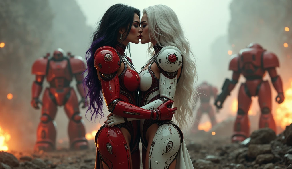 Full body pose sexy sisters of battle from the warhammer 40k, kissing and hugging, red space marine armor with intricate details, white space marine armor with intricate details, symbols on the armor, sisters of battle, warhammer 40k, Massive exposed silicone breast, pale skin, seductive, temptation, eat your soul, clevage, long white flowing hair, long black flowing hair with purple highlights, heavy gothic makeup, at night, neon, beautiful detailed eyes, beautiful detailed lips, extremely detailed eyes and face, long eyelashes, highly detailed space marine armor, intricate futuristic laser weaponry, dramatic lighting, cinematic composition, muted color palette, gritty and realistic, mecha, science fiction, hyper-detailed, photorealistic, award winning digital art, 8k, HDR, masters work, in the middle of a battle field, explosions and fire around, full war, stunning, Stilleto heels, high heels, full body pose, cinematic, movie trailer, nemesis, dust and debree, fanatic, religious, sisters of battle, warhammer 40k, bimbo gigantic exposed breast, kissing, stilleto heels, cinematic light, cameltoe pussy, beautiful pussy, wet pussy, wet body, oiled body, gigantic breast, dynamic super sexy dynamic pose, sisters of battle from the warhammer 40K, passionate kissing, seductive, one night stand, working as whores, award winning photo, worthy of oscars scene, spread legs, beautiful pussy, shaved pussy, exposed breast, wet pussy, passionate kiss