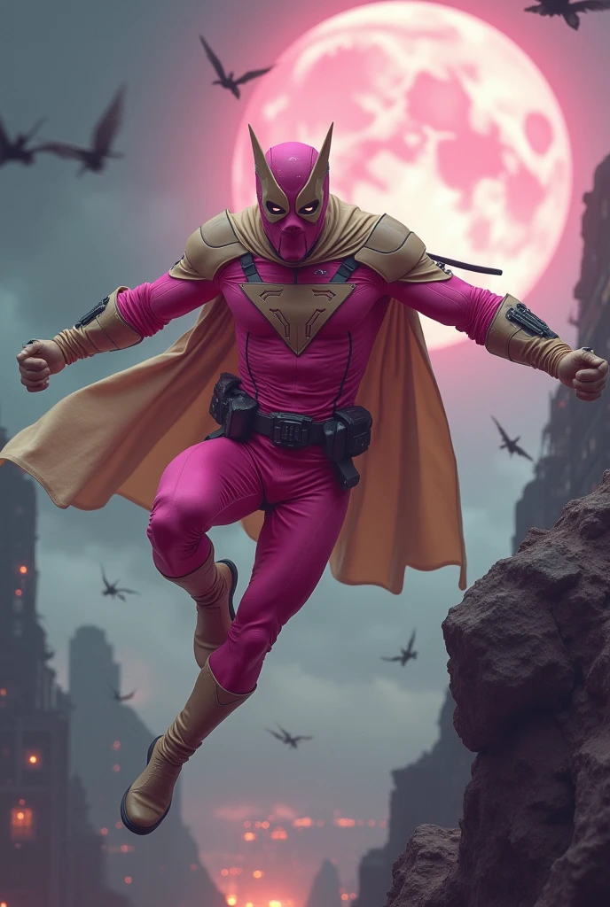 Malaysia man in high-tech suit, vivid effects, malaysian superhero (KELUANG MAN)(( in a striking pink and beige costume cyberpunk design, mask small mini bat ear beige, daredevil beige mask, ))jumpsuit dark pink stands confidently in a dramatic.jumping from high place.hero costume.one hand rise up. Big triangle logo on the chest.high detail Punisher logo on the chest. Fighting pose , stormy landscape. ((Head covered node guard like batman. Running pose , athletic body type, small mini ear bat mask))The character wears domino mask a helmet with pointed mini torn ears and a flowing cape biege, open nose and mouth. Equipped with visible futuristic weapons on a belt,bullet proof jacket pink dark day.show fingers pose, dark night, big supermoon effect . Small logo on chest triangle shape small punisher logo center(( skull triangle Casey Jones mask shape logo)) center on chest pink logo mini logo . rocky. Building top.smoke ground.((jumping from the building Man hangging on the black rope)) , bomb effect background, losse pants, losses costume.adding to --ar 3:4 --style raw --stylize 500 --v 6.1. chaos. Lot of small flying bat. One leg on the high stone. Man. Wear hologram watch.. Real man age 40 year old. One hand holding belt.one hand holding black rope hanging on building. Big pant pink. Beige cape joodie.(( Loose pant)) , jump on high building)marvel , X-Men.