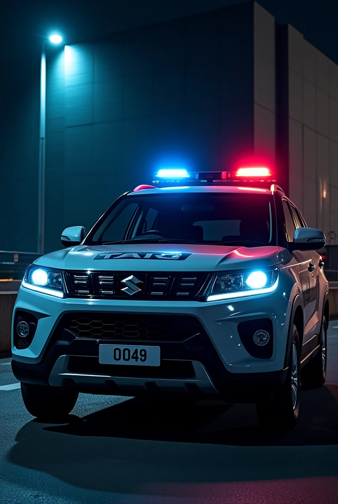 Maruti Suzuki grand vitara, with police light in dashboard with number plate 0049 visible infront of a building in night 