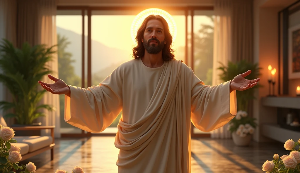 ultra realistic image of Jesus smiling entering my house with open arms with a lot of light on his head, in the background modern room, plants, fountain, burning candles, white roses