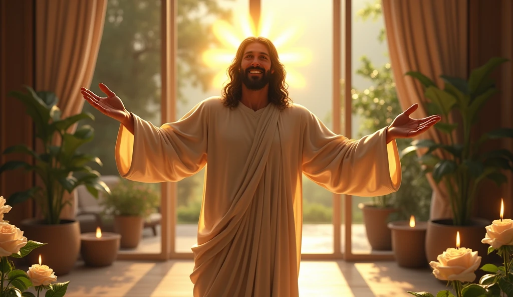 ultra realistic image of Jesus smiling entering my house with open arms with a lot of light on his head, in the background modern room, plants, fountain, burning candles, white roses