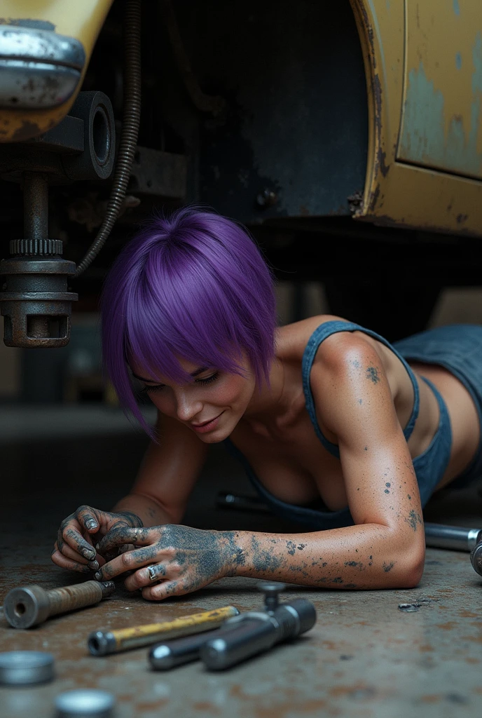A real person with purple hair lies on the ground underneath a vehicle, working on a mechanical component. Their arms and skin are covered in grease and dirt, indicating hands-on labor. They without clothe, showing focused determination in their expression. Tools are visible nearby, along with a jack supporting the vehicle. The environment appears dimly lit, enhancing the gritty atmosphere of the task.