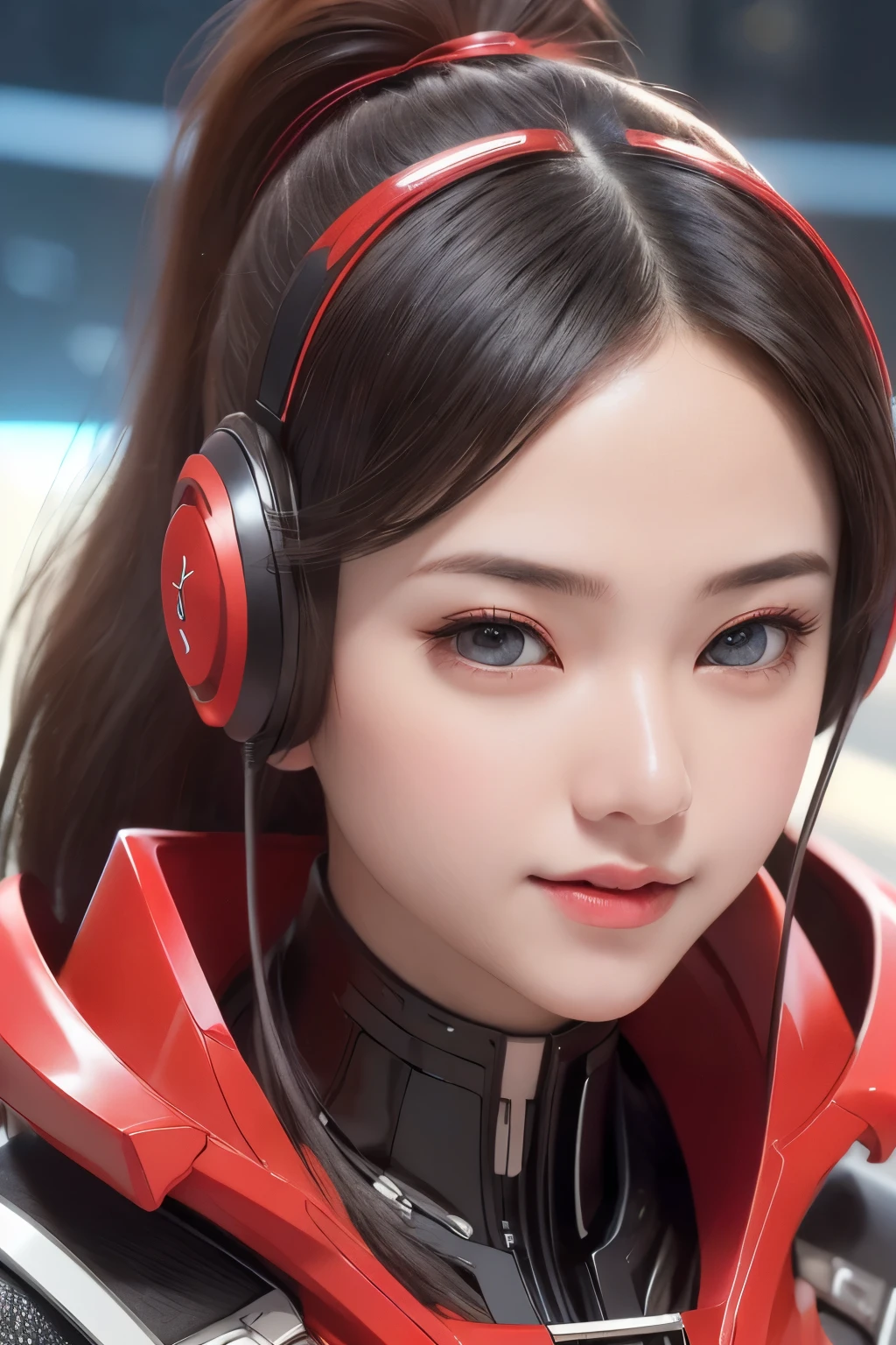 Top Quality, Masterpiece, Ultra High Resolution, (Photorealistic: 1.4), Raw Photo, 1 Girl, Black Hair, Glossy Skin, 1 Mechanical Girl, (((Ultra Realistic Details)), Portrait, Global Illumination, Shadows, Octane Rendering, 8K, Ultra Sharp, Intricate Ornaments Details, realistic skin, sweat effect, ((wearing Headphone)), very intricate detail, realistic light, CGSoation trend, brown eyes, glowing eyes, matte red and glossy red mechanical bodysuit, Long hair, black hair, Ponytail hair, full body shot, spaceship bridge background, dynamic pose, cute smile, close up, 