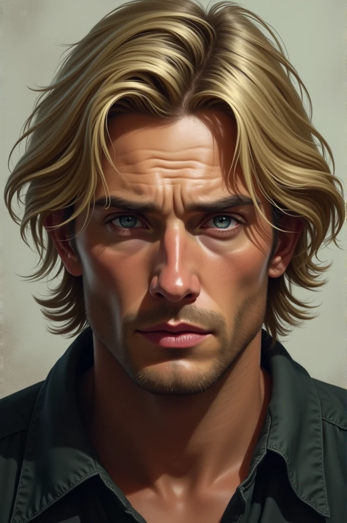 Blonde man with blue eyes with a tired expression