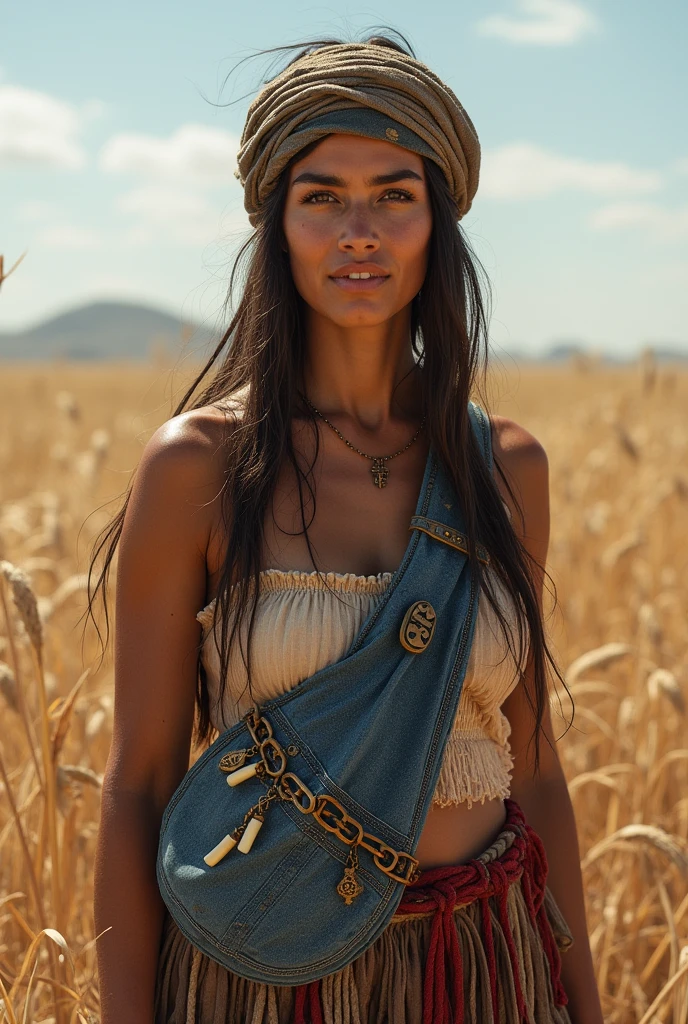 Create a realistic Romani woman who has a turban around her forehead like a band. She is standing in a dried savana grass field. She is wearing antique accessories. She is holding a hand crafted sling bag. The bag is around her shoulder. The sling bag is made of denim and is rectangular. It has long fringes and has few  antique accessories like brass key, ivory charms hanging over it.