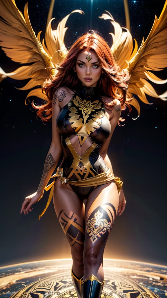 1girl, solo, Jean Grey of X-men, high leg cut out unitard of black and gold, boob window in unitard, ((thighs showing)), ((calf-high boots)), (color mandala tattoos on thighs:1.37), wings on hips, floating in space, arms out in power pose, contrapposto stance, dramatically colorful cosmic background, moody lighting, 16k, best quality, masterpiece, (wide angle:1.27), full length portrait