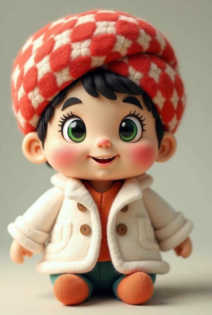 Stuffed boy with red turban with white checks and white coat with green eyes and bushy eyebrows 