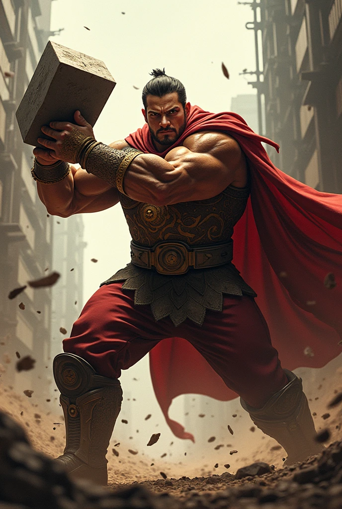 Gatotkaca, Indonesian superhero hits the hammer very enthusiastically and hard. Full body pose. Side view. Realistic photo