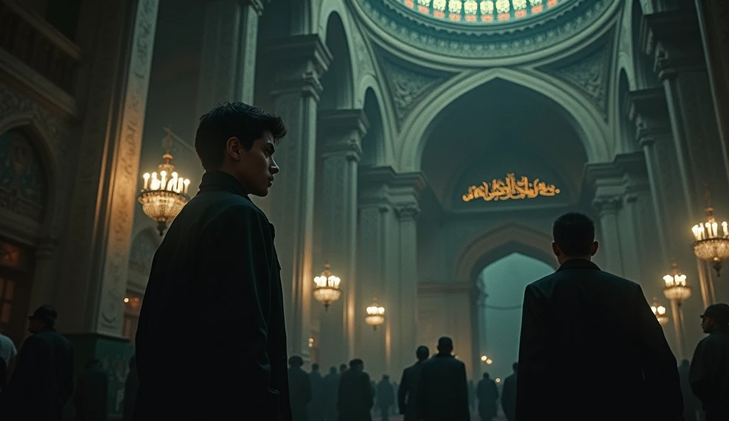 (Horror story title: Forbidden secret in the mosque dome)

**Scene 4: Hasan Observes Ustaz Malik**
- Hasan was in the mosque, watching Ustaz Malik from a distance while he was praying in congregation. Hasan's face was full of curiosity.