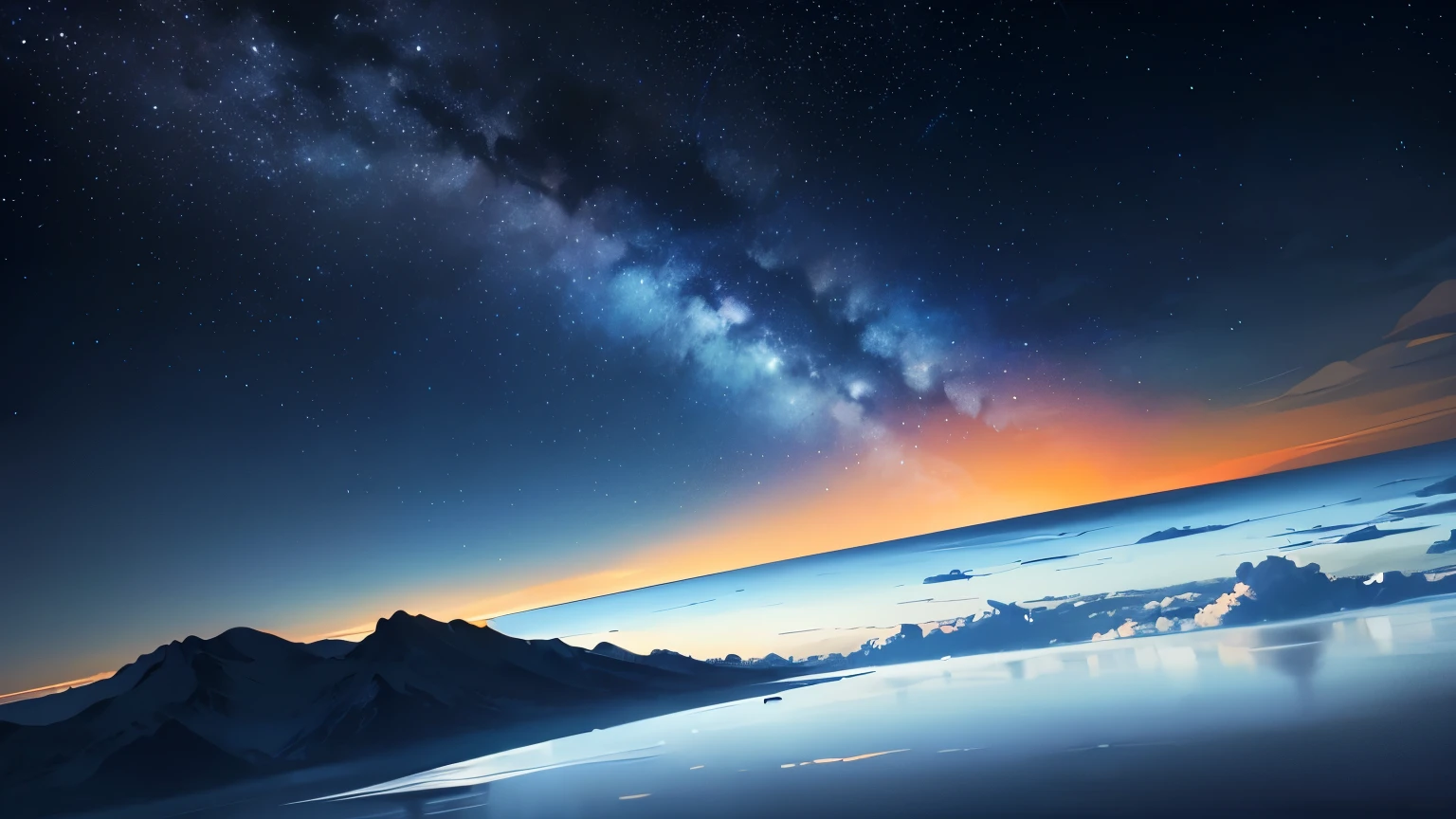 Create a fantastic image using only blue and orange on a black background.。Draw a night sky above the clouds。The night sky uses a blue and orange gradation.、Create a mysterious and beautiful space。