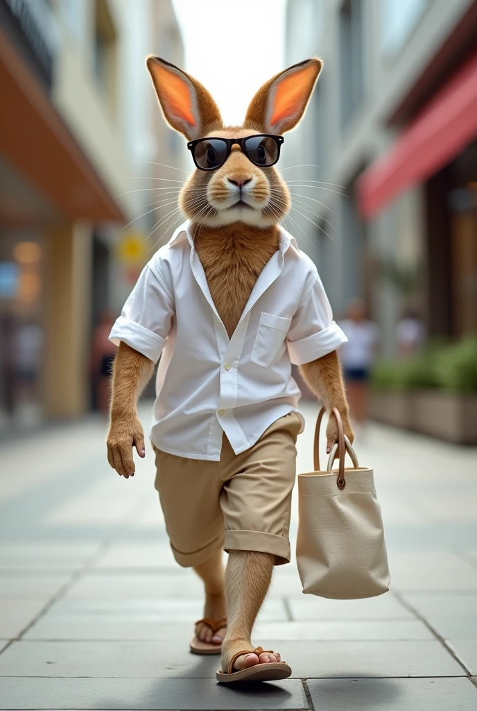 A relaxed tabby rabbit, with a soft smile, striding confidently in a light summer outfit. The rabbit is wearing a breezy white linen shirt, unbuttoned at the top, paired with comfortable beige shorts. Its paws are fitted with casual flip-flops, and a pair of stylish sunglasses rest atop its head. As the rabbit walks, a lightweight canvas tote bag swings from one paw, completing its laid-back summer look., walking down the street in the style of high-end fashion, with a shopping mall background in an anthropomorphic style. The photography is super realistic, with high resolution from a Canon camera and an 80mm lens, for best quality in ., Medium Long Shot, --ar 9:16 --sref https://s.mj.run/7uk2iL2o5vo --stylize 750 --v 6.1 4k image 