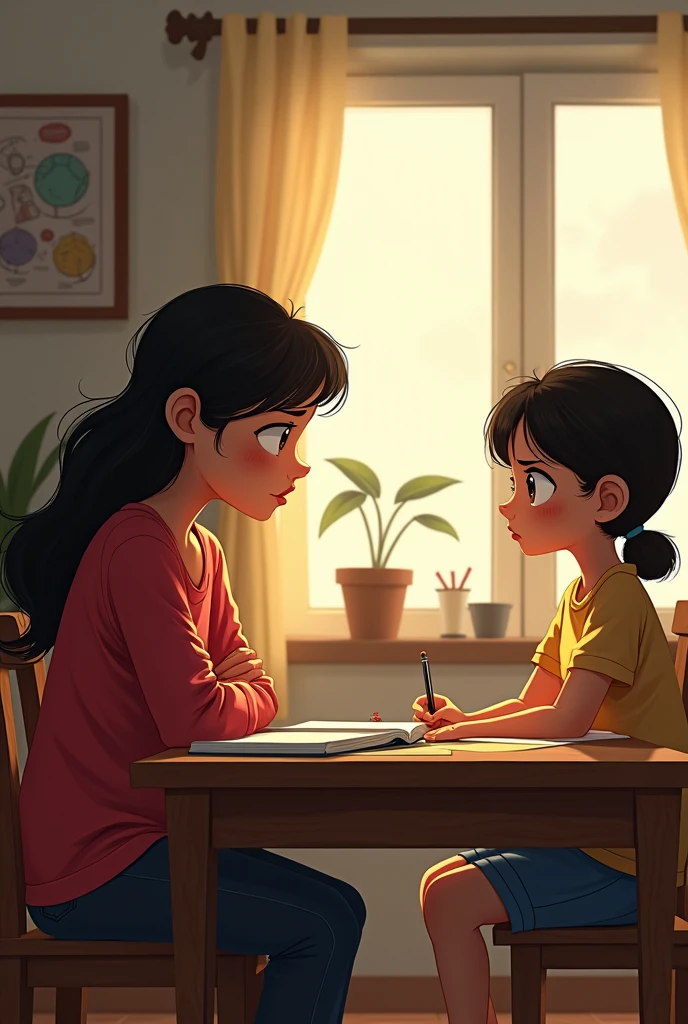 Nitya is  girt and her sister's age and name are 10 and aradhya repectively.
Today nitya is gonig to punish aradhya for not completing her home work. Nitya is sitting on a chair besides aradhya's study table and aradhya is in front of her
