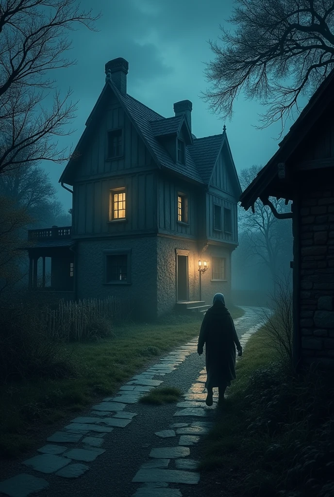 Write a descriptive passage about the night-time setting in Bilaspur village, where the silence is broken by suspicious activities in an old, abandoned mansi