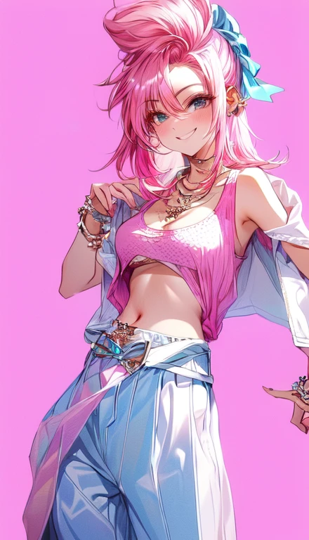 A smug narcissistic pink haired woman wearing a pink bra under a white tank top and blue pants and lots of jewelry flaunting herself 