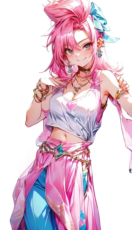 A smug narcissistic pink haired woman wearing a pink bra under a white tank top and blue pants and lots of jewelry flaunting herself 