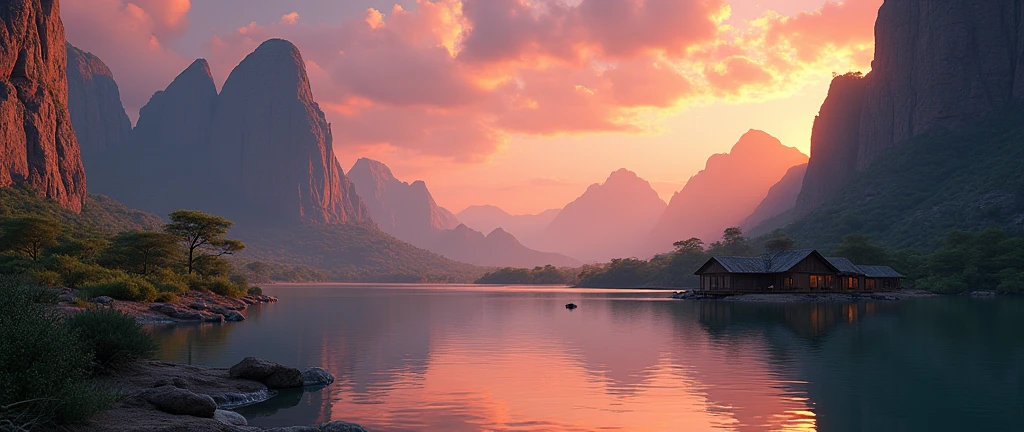 A stunning view of the African wilderness, a beautiful sunrise over a tranquil lake, a very small African hut on one side of the scene, dramatic cinematic lighting, majestic rock formations, no animals or evil, stunning view, high detail, (best quality, 4k, 8k, high definition, masterpiece: 1.2), high detail, (realistic, realistic, photorealistic: 1.37), dramatic lighting, cinematic composition Pixar style close to cartoon, the land area is larger than the lake Trees and rocks Attention to precise theatrical perspective High quality on the scale of theatrical design Clear details Greek character dominates the setting, D&D game. Animation style