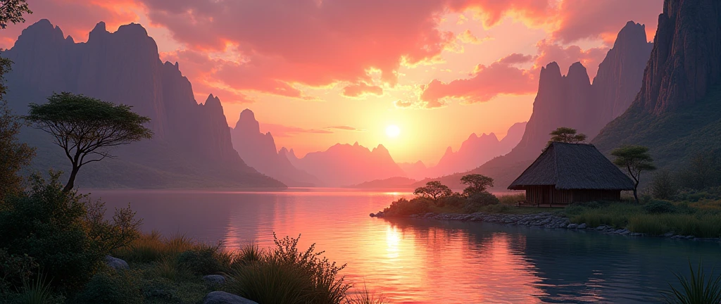 A stunning view of the African wilderness, a beautiful sunrise over a tranquil lake, a very small African hut on one side of the scene, dramatic cinematic lighting, majestic rock formations, no animals or evil, stunning view, high detail, (best quality, 4k, 8k, high definition, masterpiece: 1.2), high detail, (realistic, realistic, photorealistic: 1.37), dramatic lighting, cinematic composition Pixar style close to cartoon, the land area is larger than the lake Trees and rocks Attention to precise theatrical perspective High quality on the scale of theatrical design Clear details Greek character dominates the setting, D&D game. Animation style
