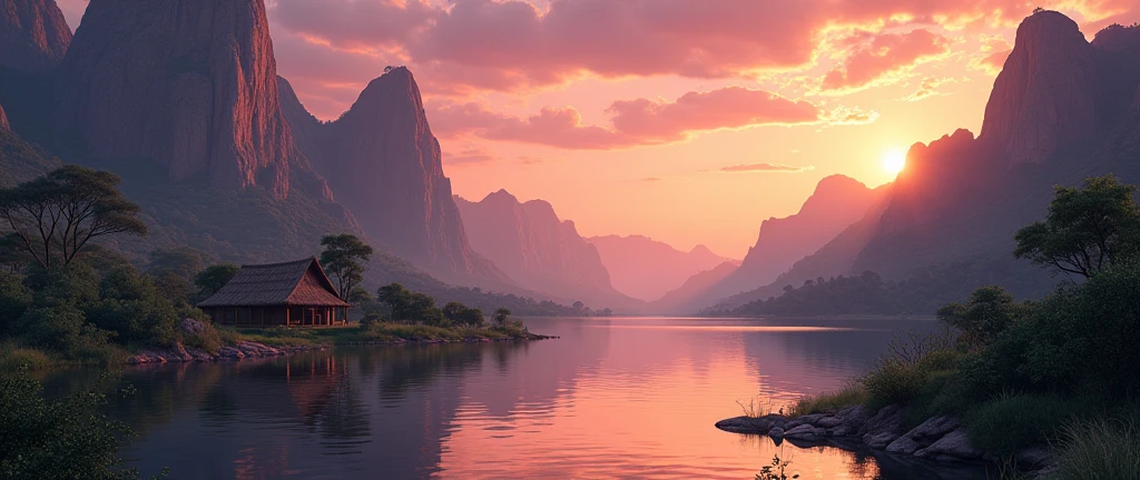 A stunning view of the African wilderness, a beautiful sunrise over a tranquil lake, a very small African hut on one side of the scene, dramatic cinematic lighting, majestic rock formations, no animals or evil, stunning view, high detail, (best quality, 4k, 8k, high definition, masterpiece: 1.2), high detail, (realistic, realistic, photorealistic: 1.37), dramatic lighting, cinematic composition Pixar style close to cartoon, the land area is larger than the lake Trees and rocks Attention to precise theatrical perspective High quality on the scale of theatrical design Clear details Greek character dominates the setting, D&D game. Animation style
