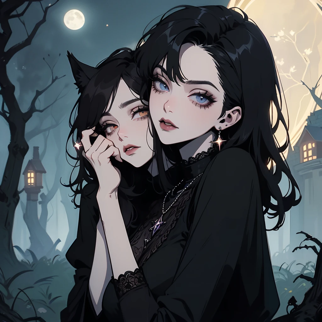 A beautiful witch with amber brown eyes, small slanted eyes, a small mouth, pale skin, a pixie cut shaved black hair, an eyebrow piercing, an ear piercing, kissing a luminous magic mushroom, in a nighttime forest, with an owl nearby, mushrooms scattered on the ground, a black cat, a starry sky with a waning moon, dark composition, dark illuminated, witch aesthetic, ethereal colors, intricate details, high quality, masterpiece, dark comic style, 8k resolution, ultra-detailed