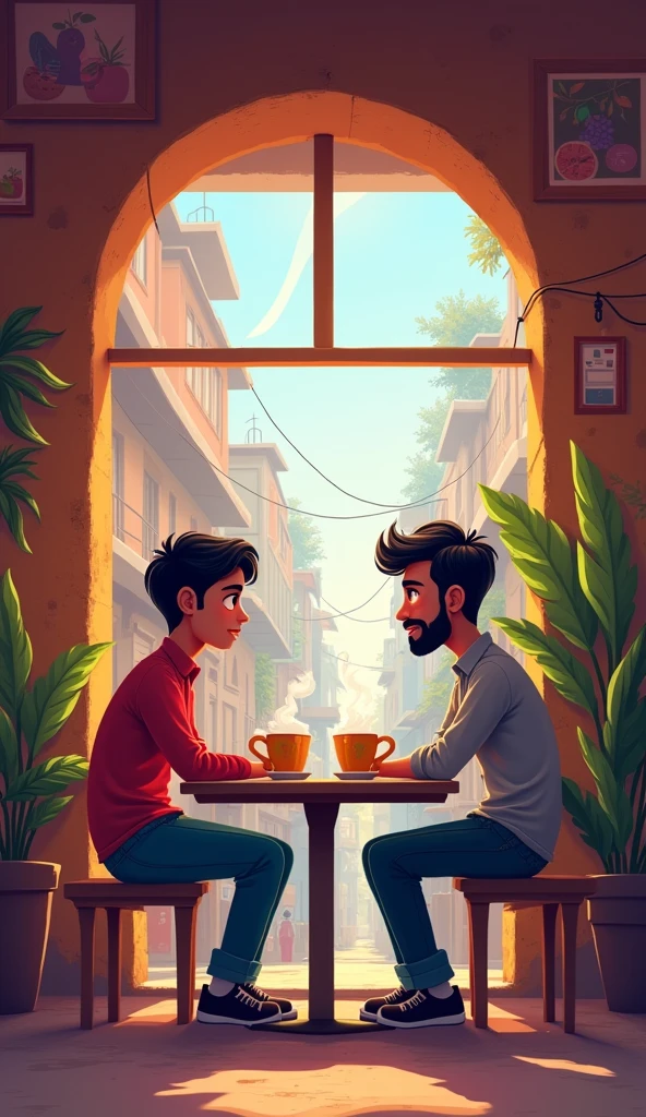 4K quality viral anime in the style of digital illustration one day, two friends, Rahul and Vijay, sitting at the same nook tea shop in Noida's Gali were drinking tea. Rahul was a software engineer and Vijay a marketing expert. Along with tea, they talked about their dreams. Dream of earning millions. Cartoon
