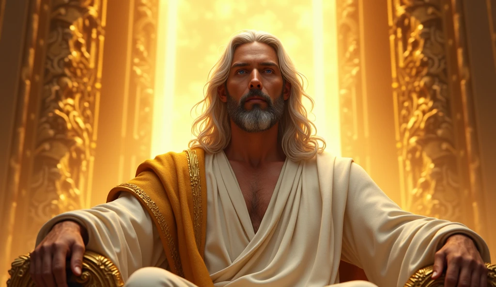 The Lord Jesus Christ mid 30s with long white hair, black beard, tanned skin, lavender color and blue eyes, extremely handsome, calm, white and gold robe, seated on a golden thrown at the right hand of His Father in Heaven, fiery golden light surrounds Him:: Masterpiece, realistic, detailed, style raw, 3D, 32K UHD resolution, --s 1000