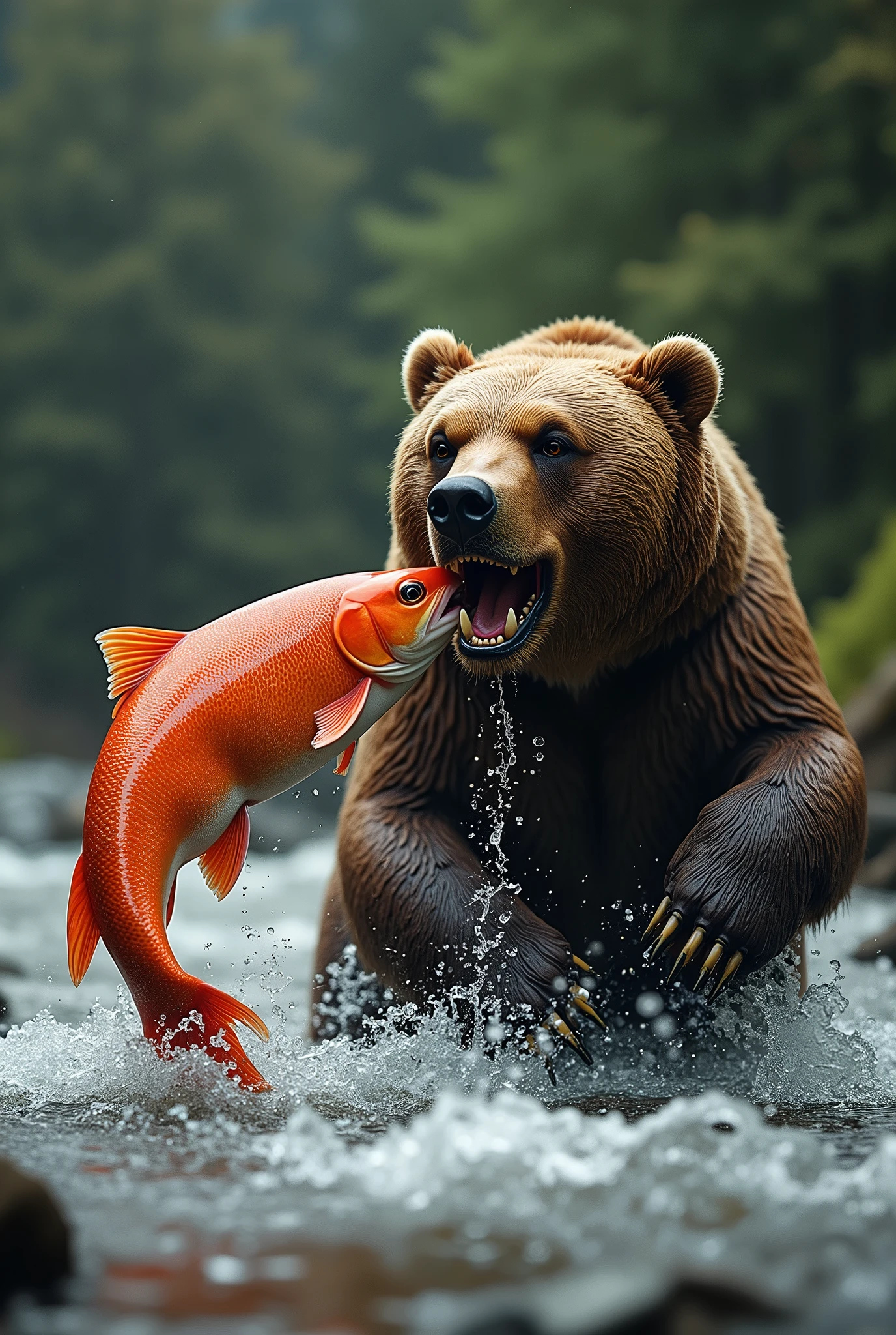 1A salmon is being chased by a brown bear。, break , The salmon is biting a wooden carved statue of a brown bear in its mouth.