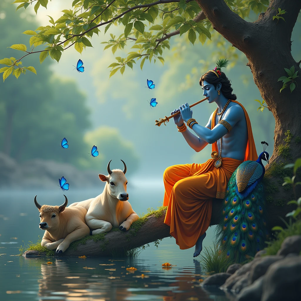 Krishna waiting waiting for Radha in the river side sitting on the middle of the
tree and sleep with
cow 🐄 and peacock 🦚 with some blue butterflys 🦋 by playing flute
Only genrate the photo