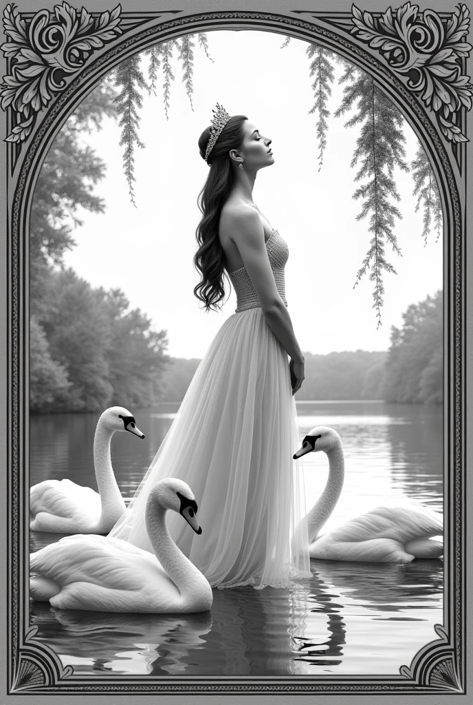 head ballet girl with diadem lake swan watching towards up in heraldic symbol on medieval stock vector using black as the background color and white