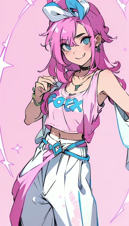 A smug narcissistic pink haired woman wearing a pink bra under a white tank top and blue pants and lots of jewelry flaunting herself 