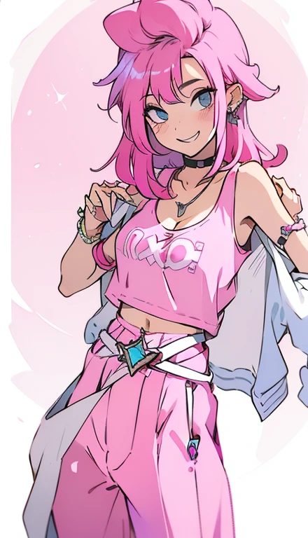 A smug narcissistic pink haired woman wearing a pink bra under a white tank top and blue pants and lots of jewelry flaunting herself