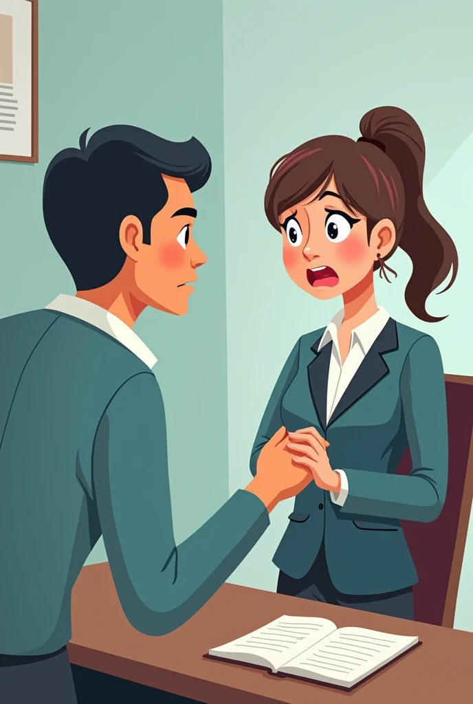 Illustration of Asian who is doing sexual harassment in company office. Woman face looked really annoyed.