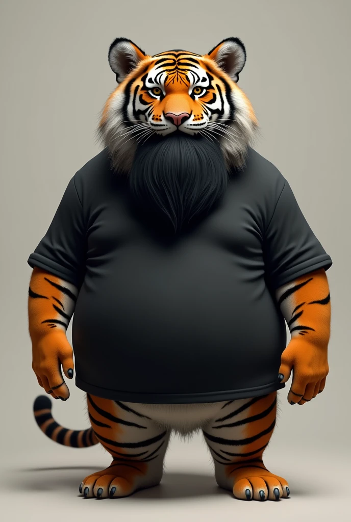 Chubby tiger with black beard and black t-shirt realistic image 
